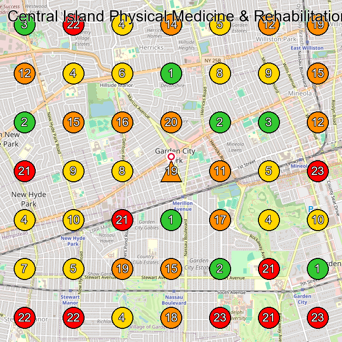 Central Island Physical Medicine & Rehabilitation, PC Physical Therapy Clinic GeoGrid ranking map for Mineola NY